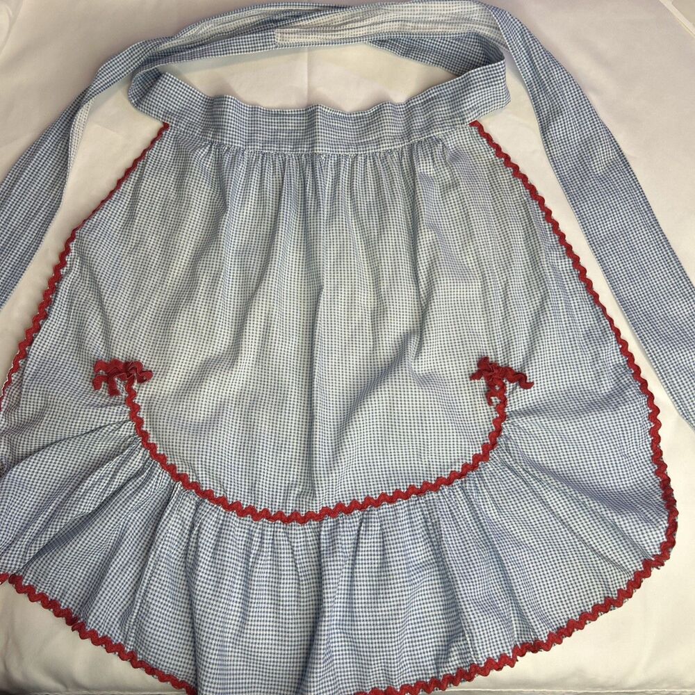 Vintage Handmade Blue Gingham And Red Apron